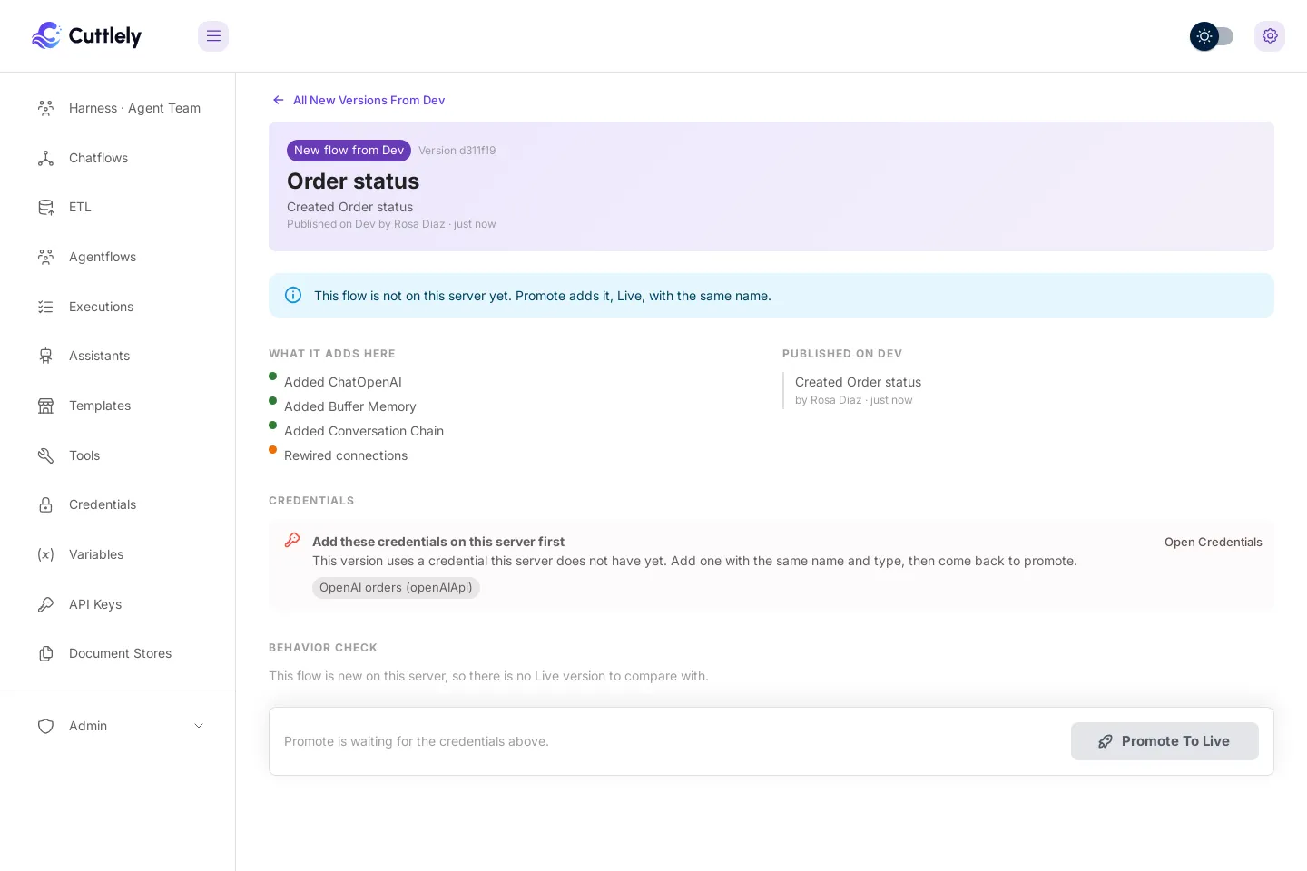 The review page for Order status, a new flow from Dev. Under Credentials a box reads Add these credentials on this server first. This version uses a credential this server does not have yet. Add one with the same name and type, then come back to promote. It lists OpenAI orders (openAIApi) and has an Open Credentials button. The Promote To Live button is greyed out, and the bar reads Promote is waiting for the credentials above.