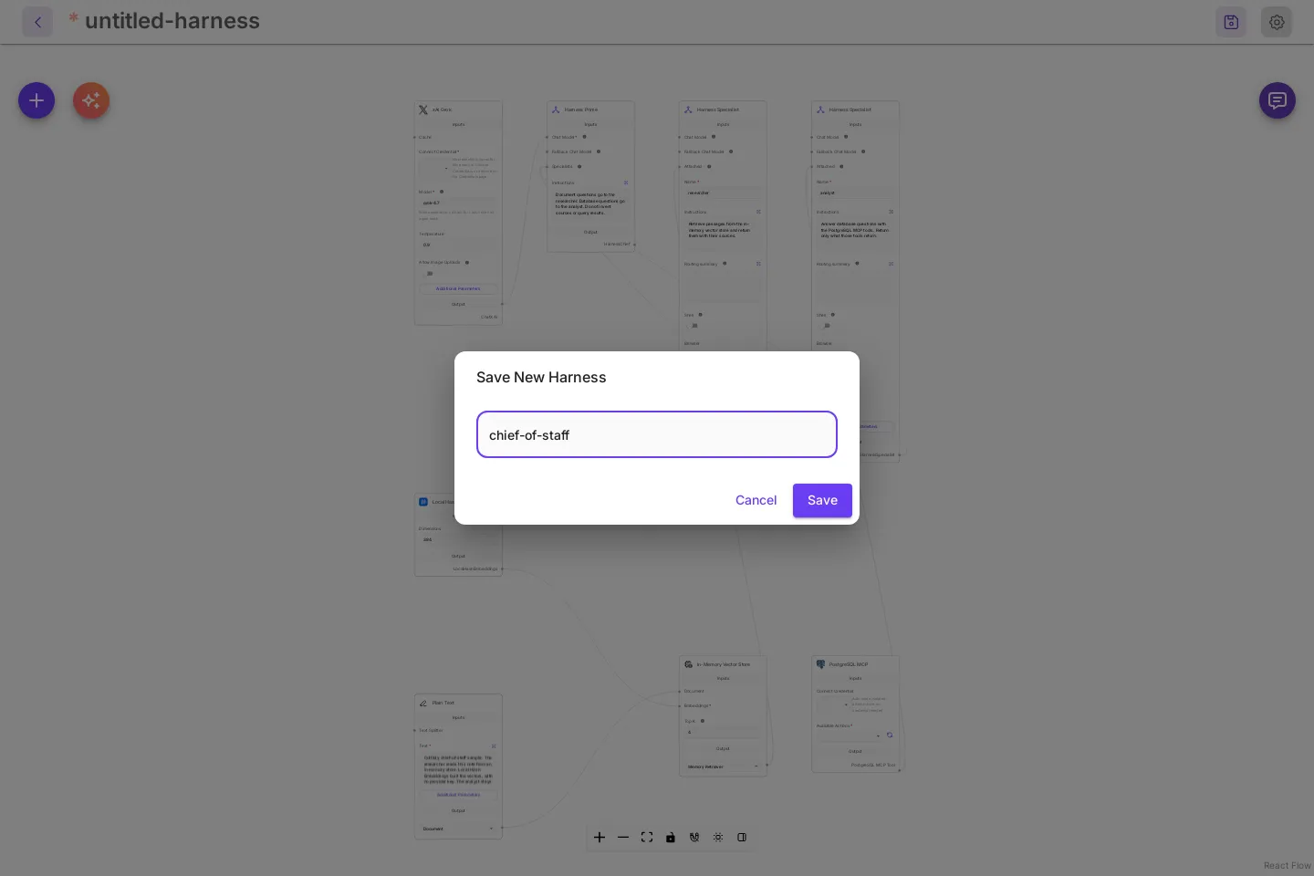 The Save New Harness dialog with chief-of-staff typed in the name field, and Cancel and Save buttons.
