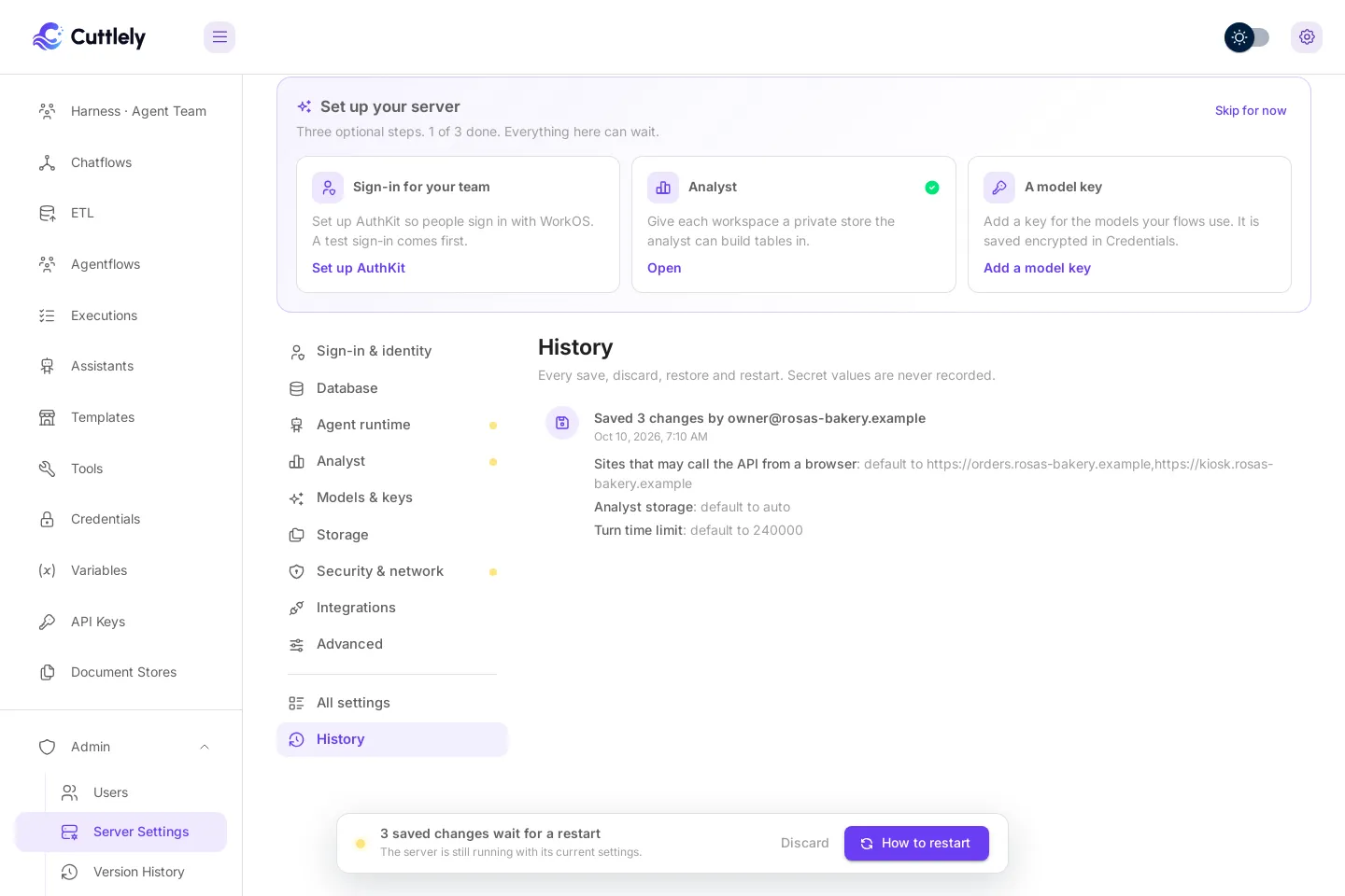 History: each saved change with who made it and when, and the settings it changed from and to.