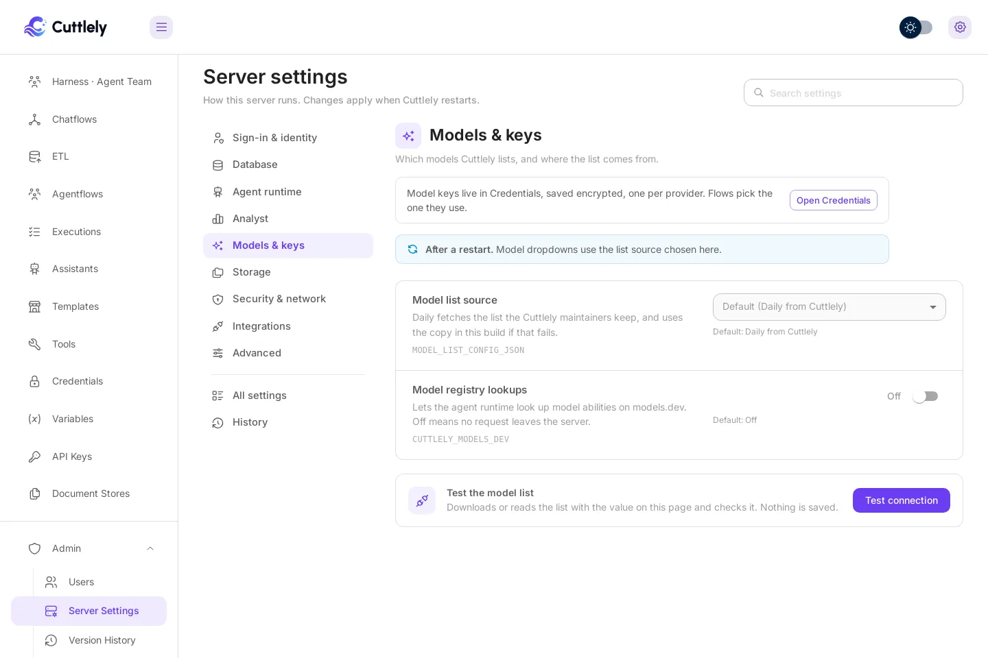 Models & keys: model keys live in Credentials, with an Open Credentials button. Below are Model list source and Model registry lookups, and the model list test.