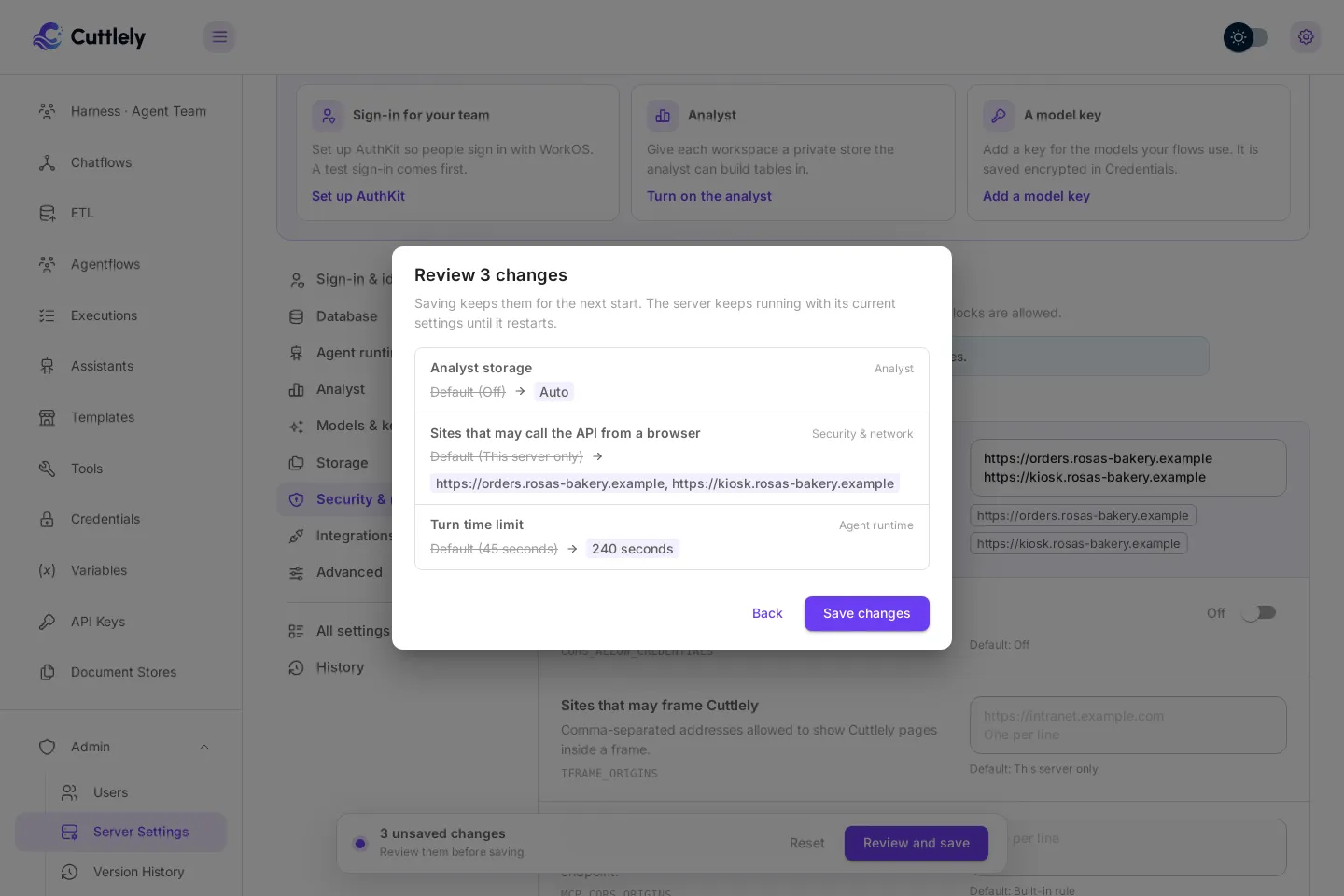 Review before saving: the Review 3 changes dialog lists each setting with its old and new value, with Back and Save changes buttons.