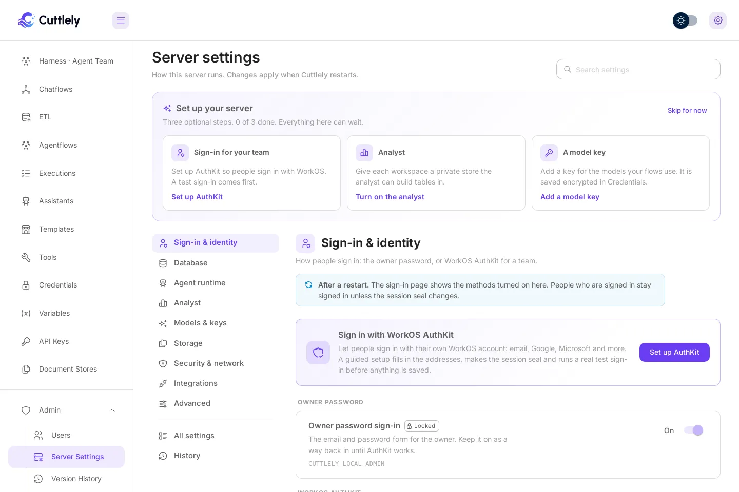 Server settings in the light theme, open at Sign-in & identity. The Set up your server tiles sit at the top, the sections are listed on the left, and the Sign in with WorkOS AuthKit card has a Set up AuthKit button. Owner password sign-in is on and marked Locked. In the sidebar, Admin, Server Settings is the page you are on.