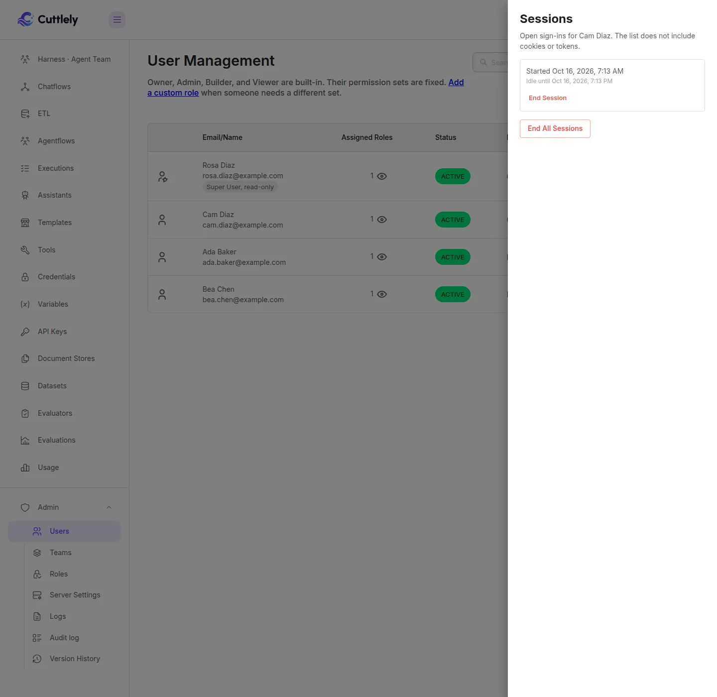 Sessions for Cam Diaz. The note says the list does not include cookies or tokens. One row shows when it started and the idle limit 12 hours later, with End Session and End All Sessions. The sidebar shows the Admin menu: Users, Teams, Roles, Server Settings, Logs, Audit log, and Version History.