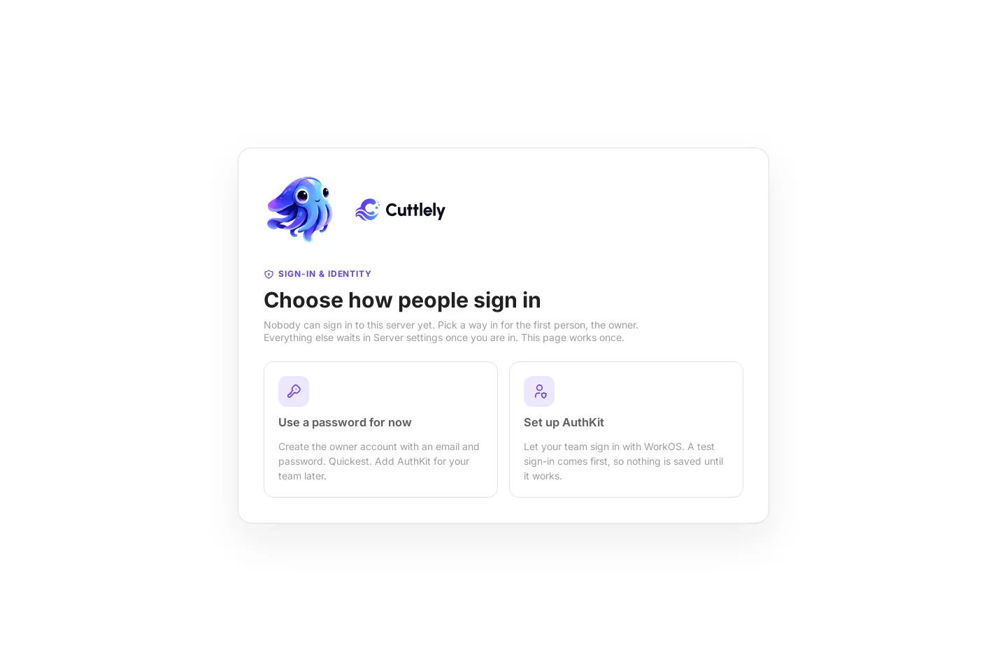 The setup page with two choices, Use a password for now and Set up AuthKit.