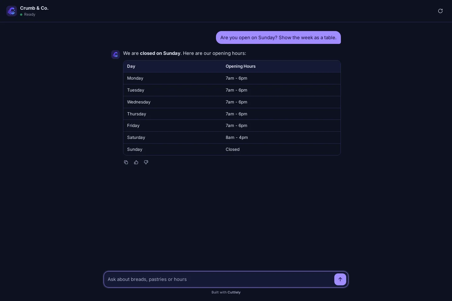 The same link in dark mode. The question Are you open on Sunday? Show the week as a table. is answered with We are closed on Sunday, with closed on Sunday in bold, and a table of opening hours from Monday 7am - 6pm to Saturday 8am - 4pm and Sunday Closed.