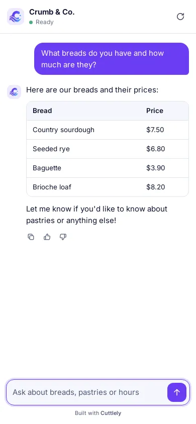 The shared link on a phone. The breads table fits the screen width, and the input and send button sit at the bottom.