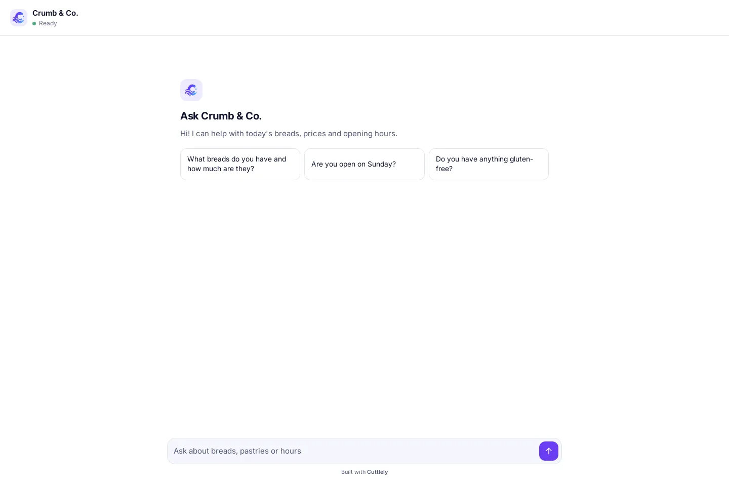The welcome screen of the shared link: Ask Crumb & Co., the welcome message Hi! I can help with today’s breads, prices and opening hours., and three starter prompts: What breads do you have and how much are they?, Are you open on Sunday?, Do you have anything gluten-free?