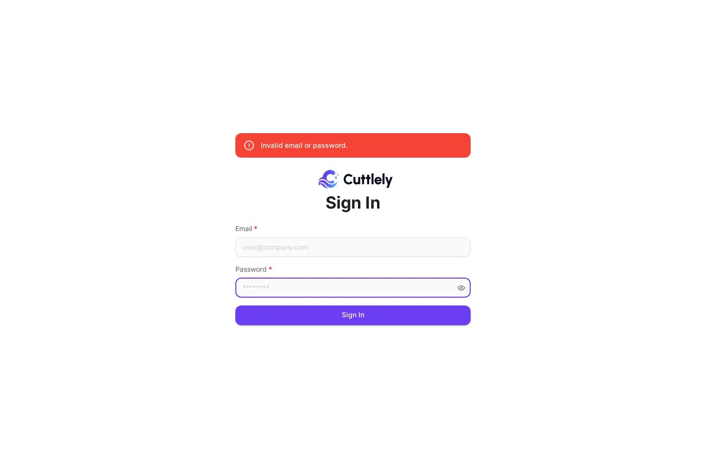 The Sign In page with a red message at the top: Invalid email or password.