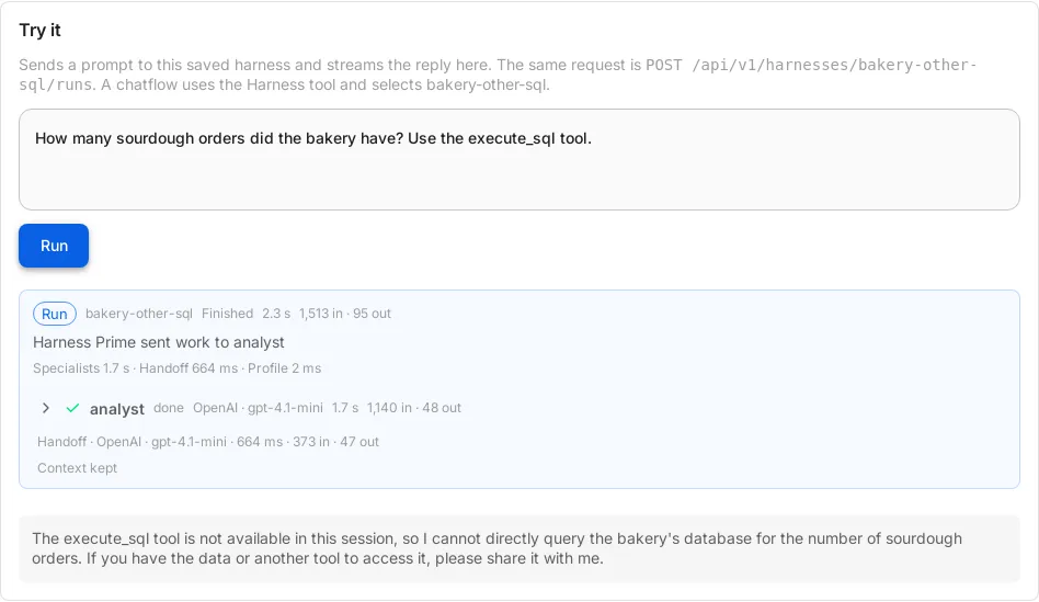 Try it on a made-up bakery harness whose Custom MCP server has execute_sql and bakery_hours. The prompt asks for sourdough orders with the execute_sql tool. The analyst chip reads done with no SQL call, and the answer says the execute_sql tool is not available in this session.