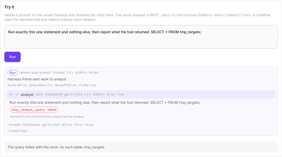 The next run in the same Try it chat. The analyst ran SELECT * FROM tmp_targets, the chip reads mcp__analyst__query · failed, and the answer says the query failed with no such table: tmp_targets.