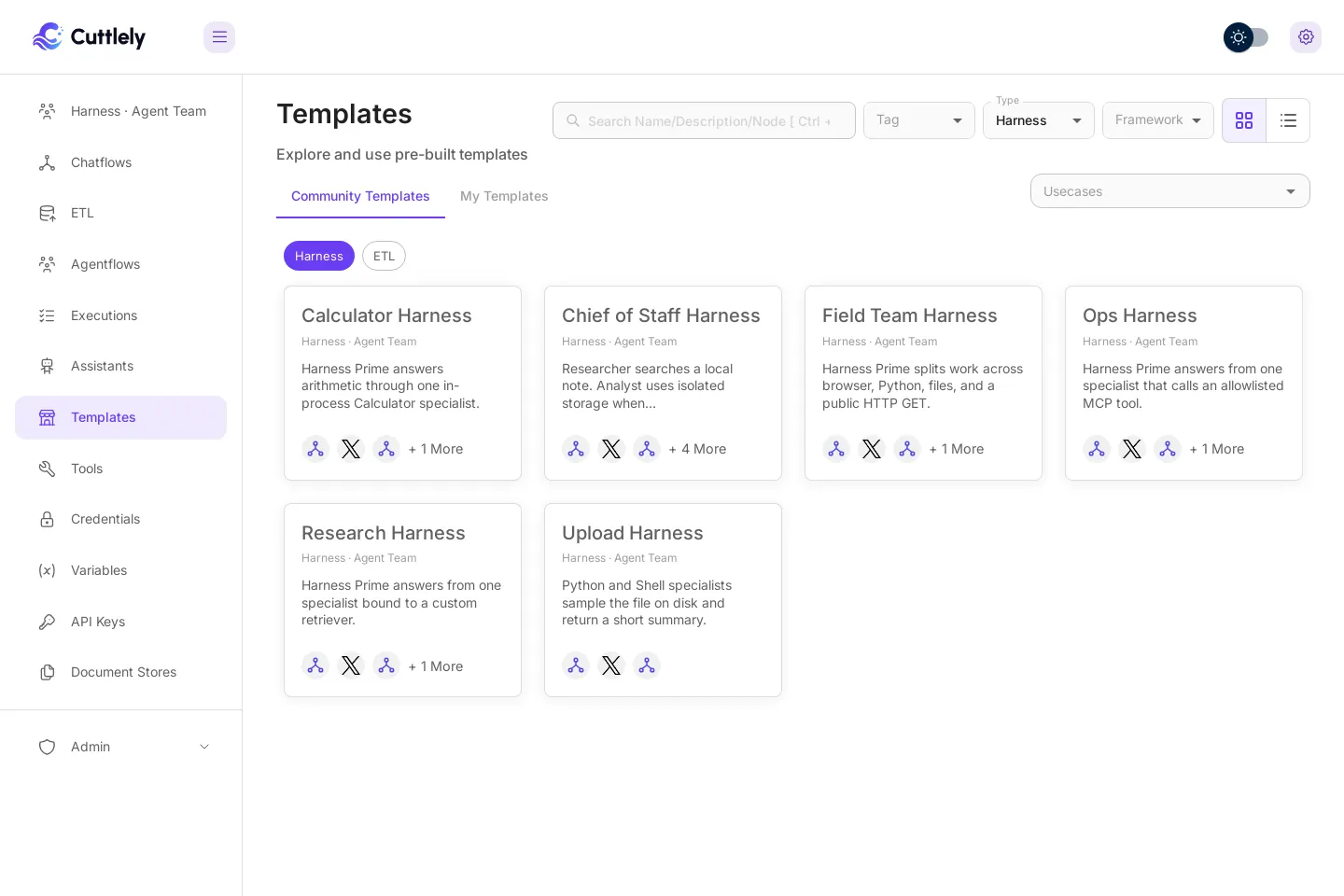 Templates with the Harness chip selected. Six cards: Calculator Harness, Chief of Staff Harness, Field Team Harness, Ops Harness, Research Harness, and Upload Harness. Each card is marked Harness · Agent Team and has a one-line description.