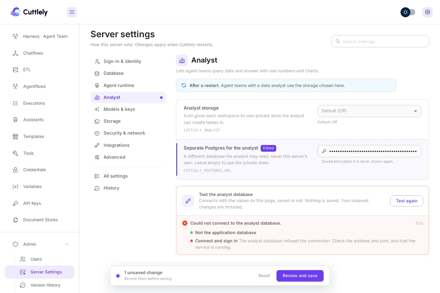 Analyst, with an edited Separate Postgres for the analyst address. Test the analyst database failed and says it could not connect, with a Test again button.