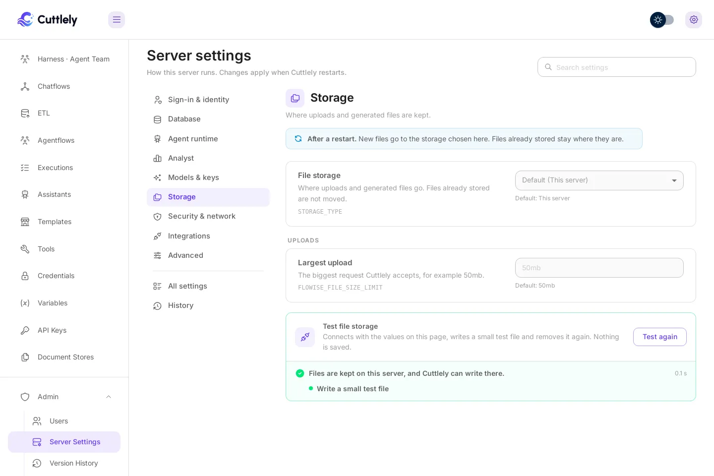 Storage, with File storage and Largest upload. Test the storage passed: files are kept on this server and Cuttlely can write to them.