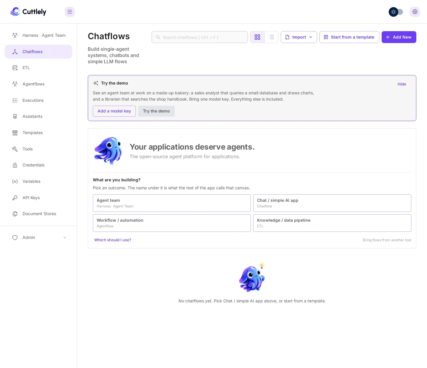 The Chatflows page with the Try the demo card above What are you building. The card says: See an agent team at work on a made-up bakery, and has Add a model key and Try the demo buttons. Try the demo stays grey until a model key is added.