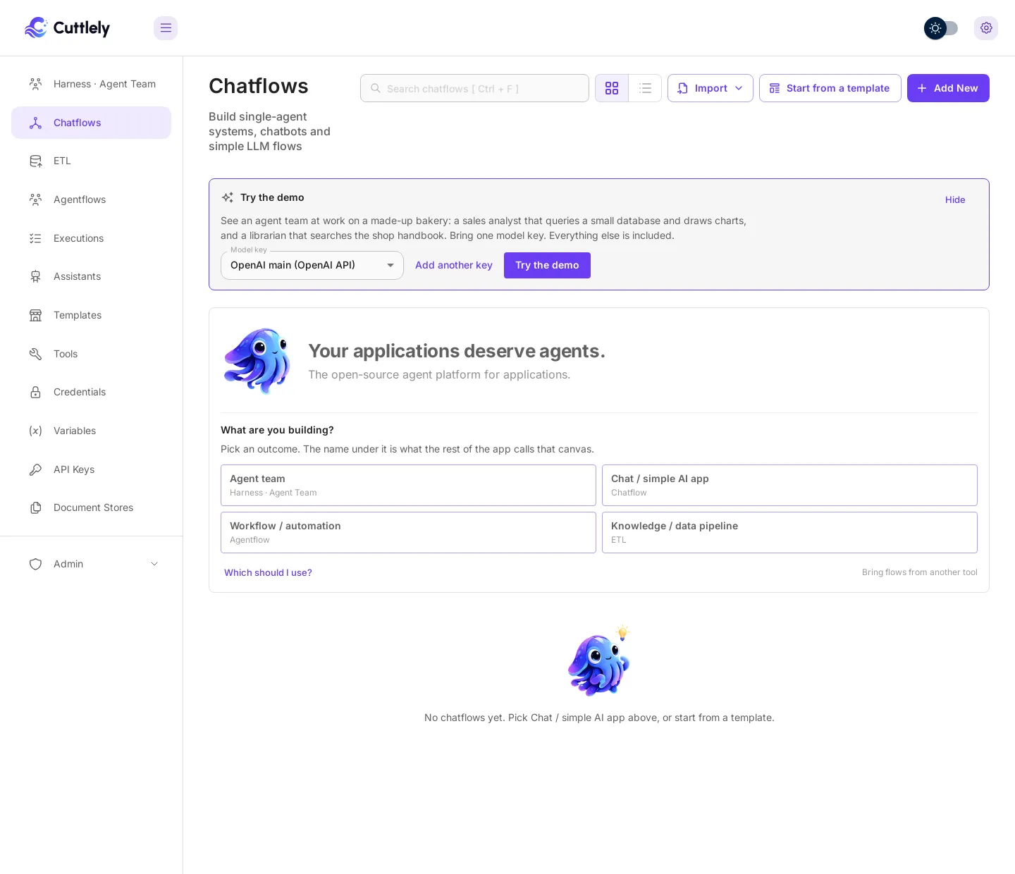The Try the demo card with OpenAI main (OpenAI API) picked under Model key, an Add another key link and the Try the demo button.