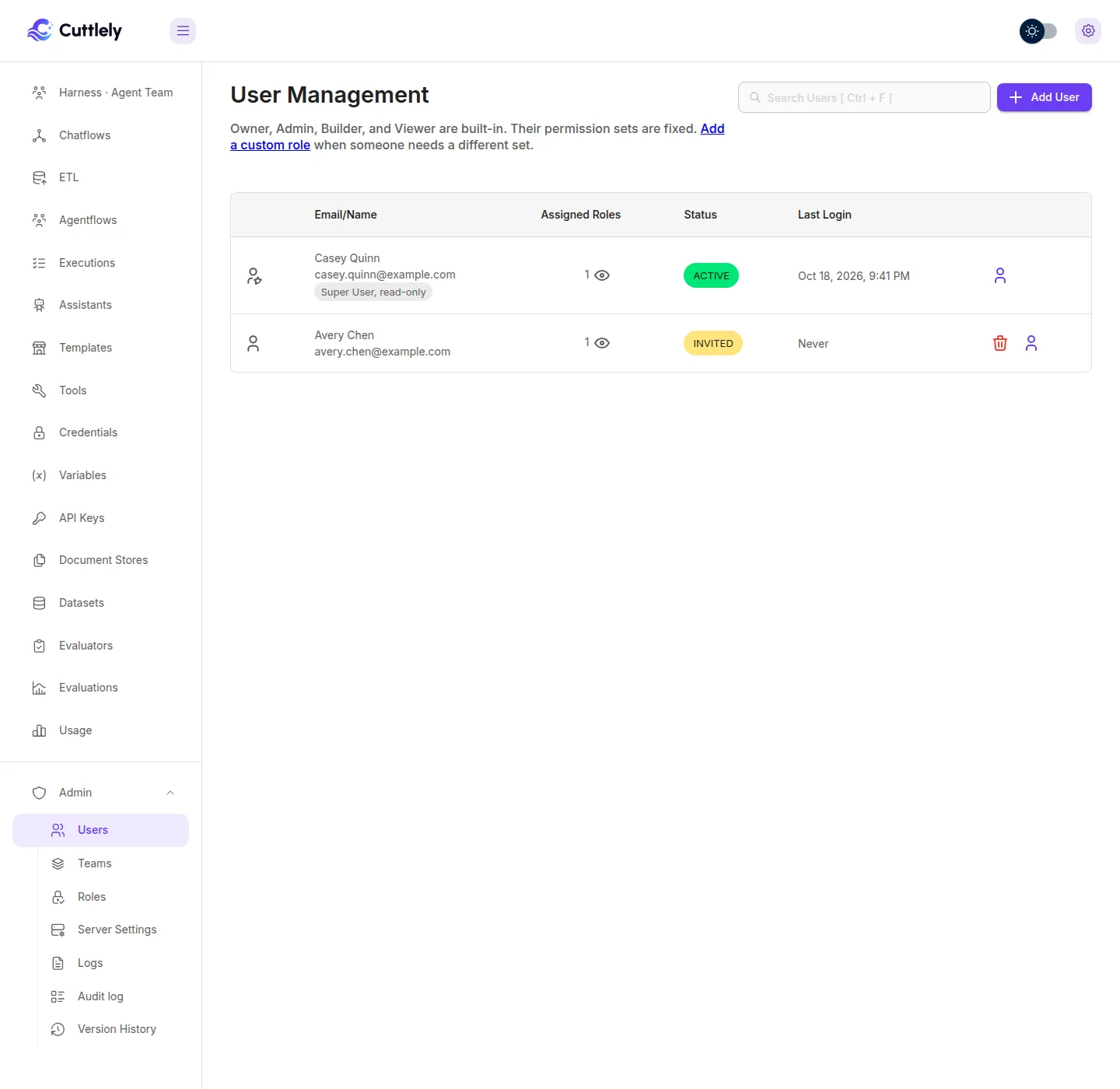 User Management. Casey Quinn, casey.quinn@example.com, is Super User, read-only, ACTIVE, with 1 assigned role. Avery Chen, avery.chen@example.com, is INVITED, a pending invite, last login Never, with 1 assigned role. The sidebar shows the Admin menu: Users, Teams, Roles, Server Settings, Logs, Audit log, and Version History.