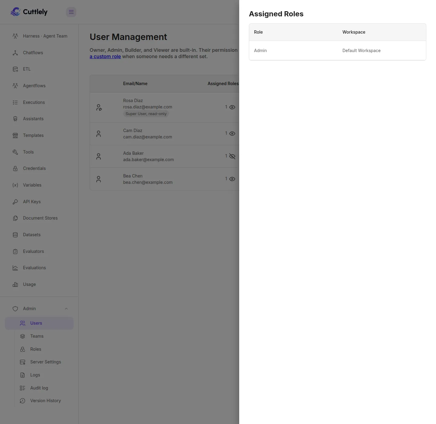 User Management. The note says Owner, Admin, Builder, and Viewer are built-in. Rosa Diaz is Super User, read-only. Ada Baker’s Assigned Roles drawer shows Admin on Default Workspace. Cam Diaz and Bea Chen are in the list. The sidebar shows the Admin menu: Users, Teams, Roles, Server Settings, Logs, Audit log, and Version History.