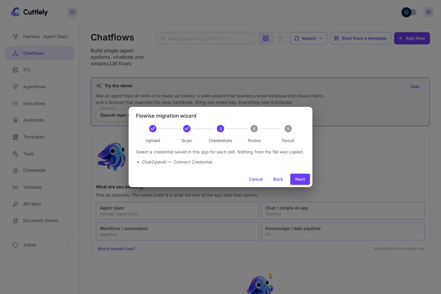 The Credentials step. It reads Select a credential saved in this app for each slot. Nothing from the file was copied. One slot is listed: ChatOpenAI, Connect Credential.