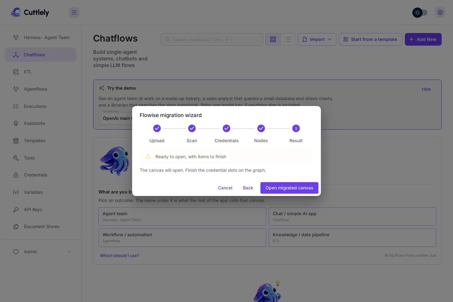 The Result step. An amber note reads Ready to open, with items to finish, and the line The canvas will open. Finish the credential slots on the graph. Open migrated canvas is at the bottom right.
