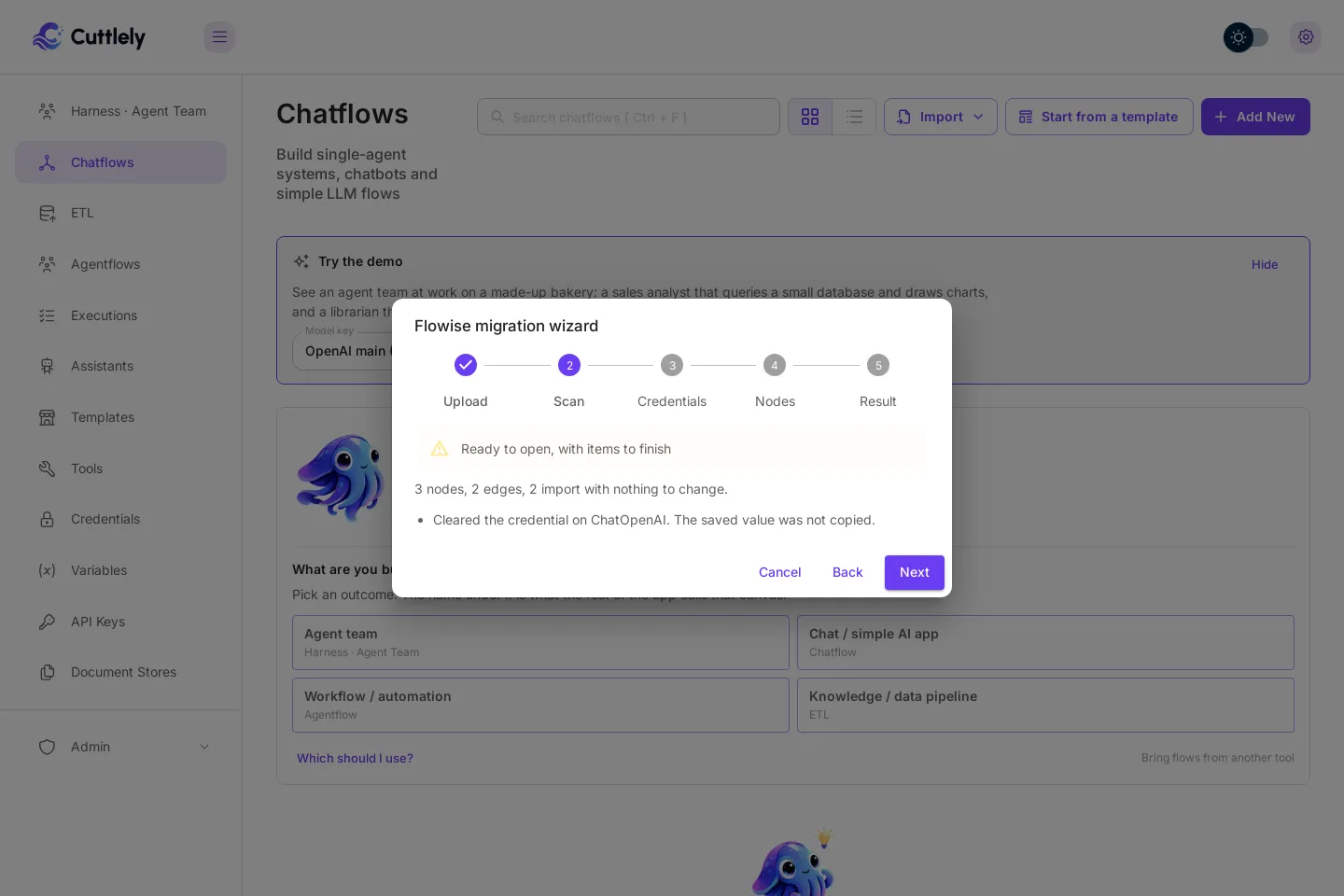 The Scan step for a Bakery helper file. An amber note reads Ready to open, with items to finish. Below it: 3 nodes, 2 edges, 2 import with nothing to change, and Cleared the credential on ChatOpenAI. The saved value was not copied.