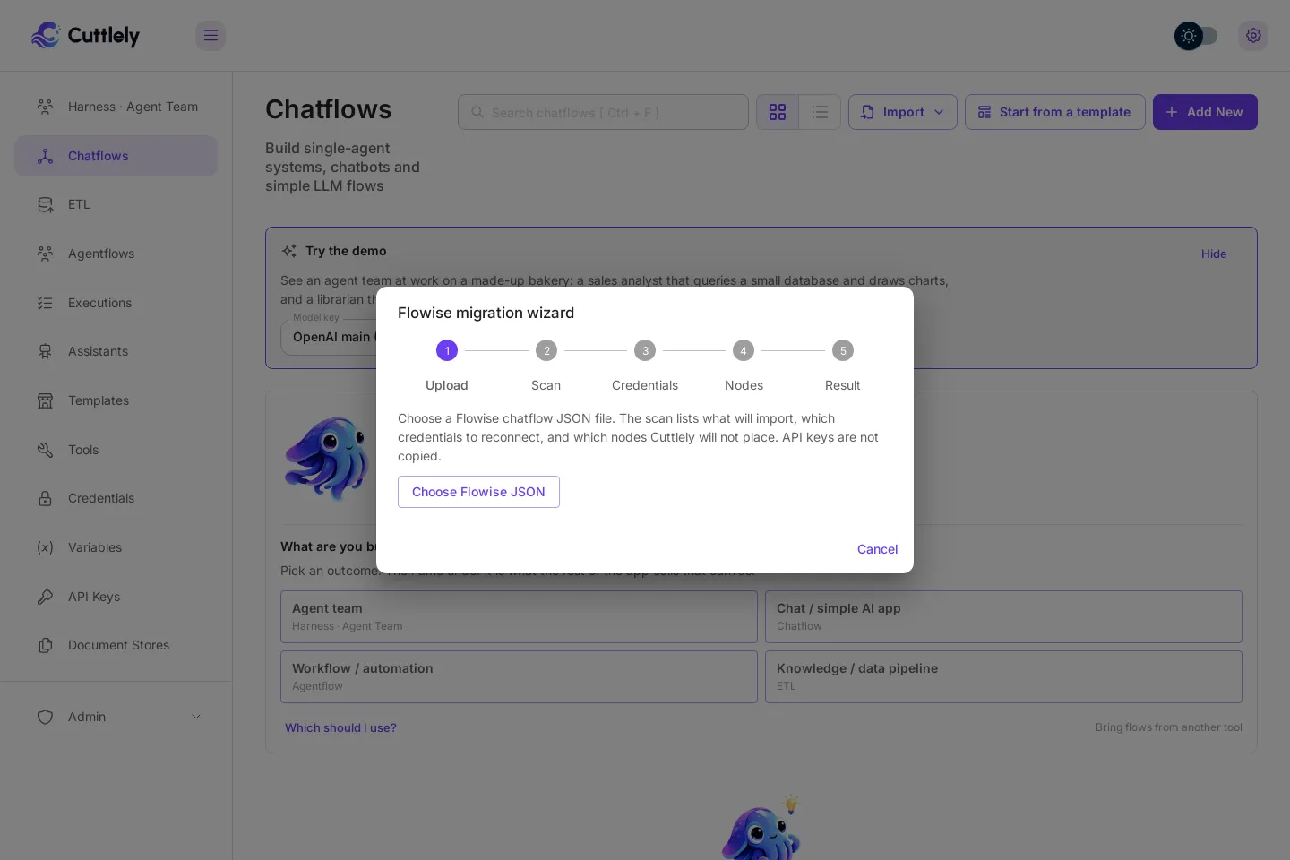 The Flowise migration wizard on its Upload step, with five steps across the top: Upload, Scan, Credentials, Nodes and Result. The text says API keys are not copied. A Choose Flowise JSON button is below it.