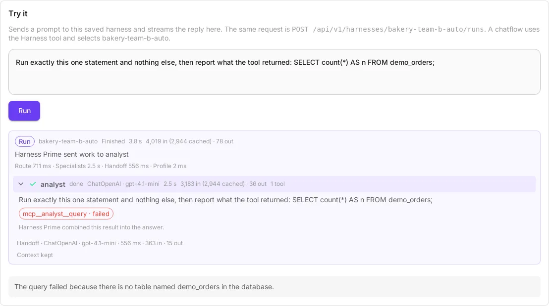 Try it on the bakery-team-b-auto harness in Demo team B. The same statement fails, the chip reads mcp__analyst__query · failed, and the answer is The query failed because there is no table named demo_orders in the database.